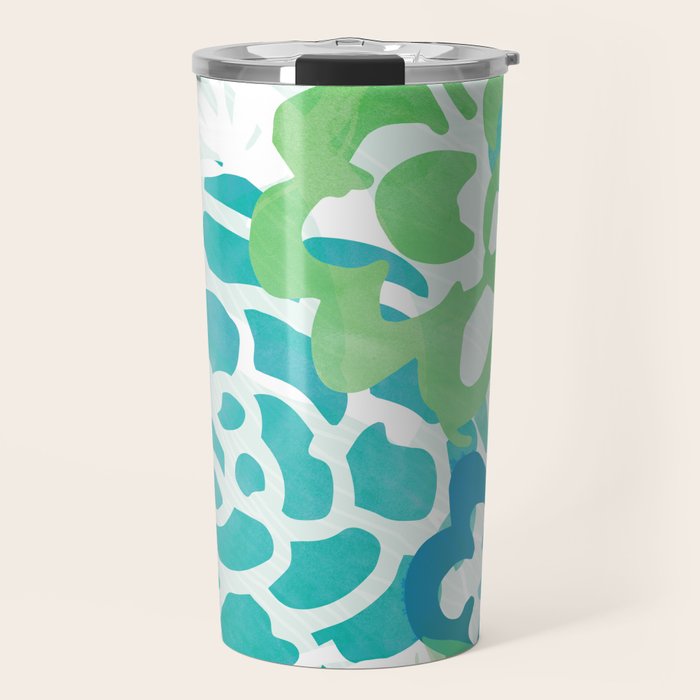 Blue and Green Coastal Floral Watercolor Travel Mug Gallery Image 1