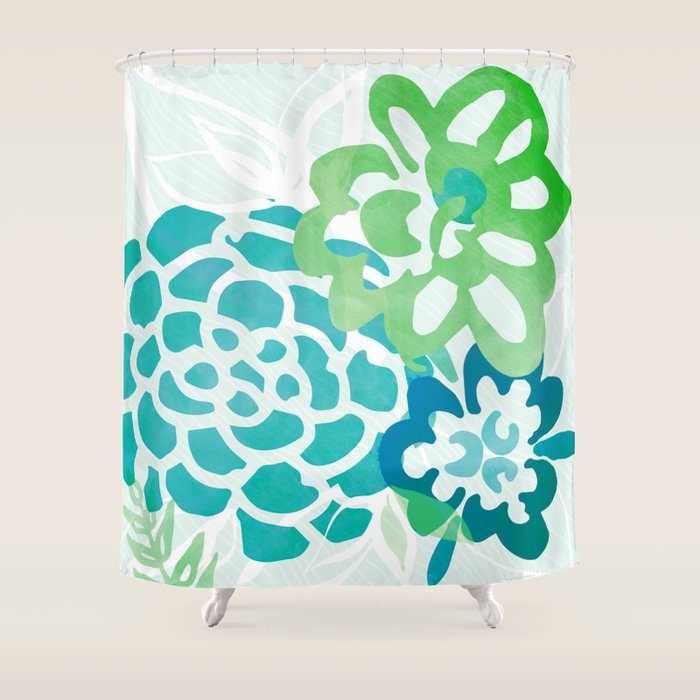 Blue and Green Coastal Floral Watercolor Shower Curtain Gallery Image 1