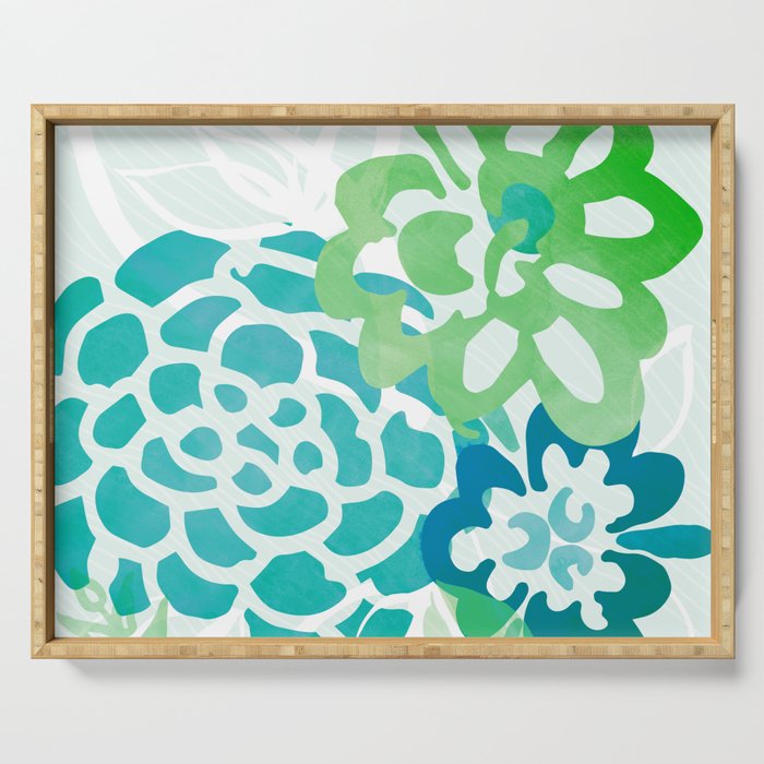 Blue and Green Coastal Floral Watercolor Serving Tray Gallery Image 1