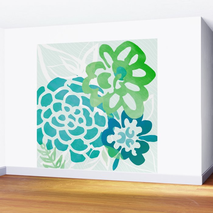 Blue and Green Coastal Floral Watercolor Wall Mural Gallery Image 2