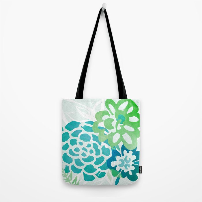 Blue and Green Coastal Floral Watercolor Tote Bag Gallery Image 2