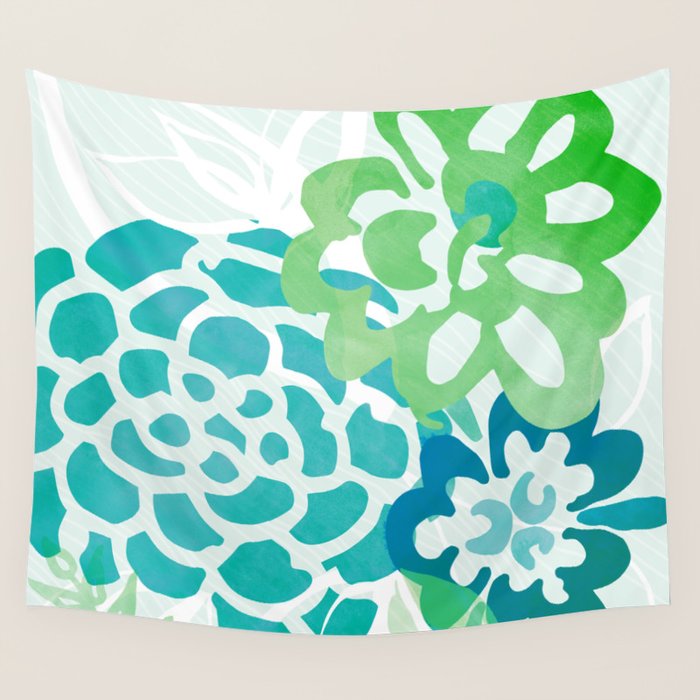 Blue and Green Coastal Floral Watercolor Wall Tapestry Gallery Image 1