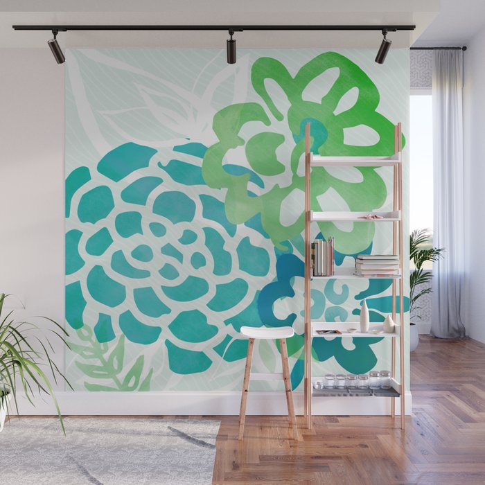 Blue and Green Coastal Floral Watercolor Wall Mural Gallery Image 1