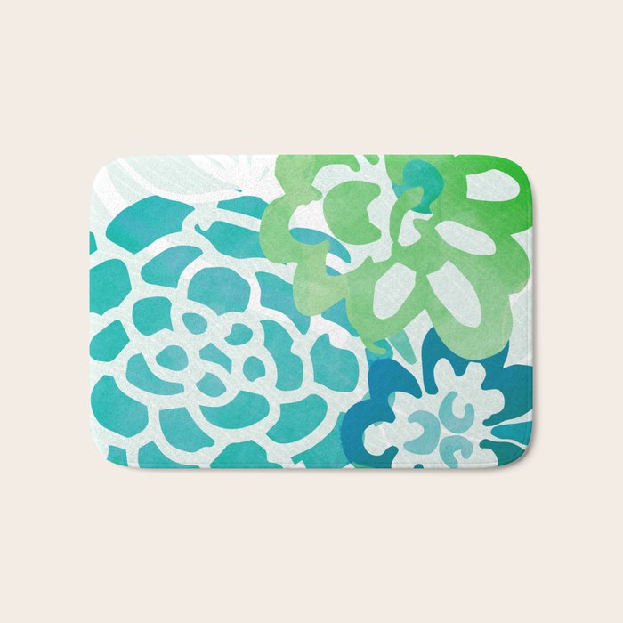 Blue and Green Coastal Floral Watercolor Bath Mat Gallery Image 1