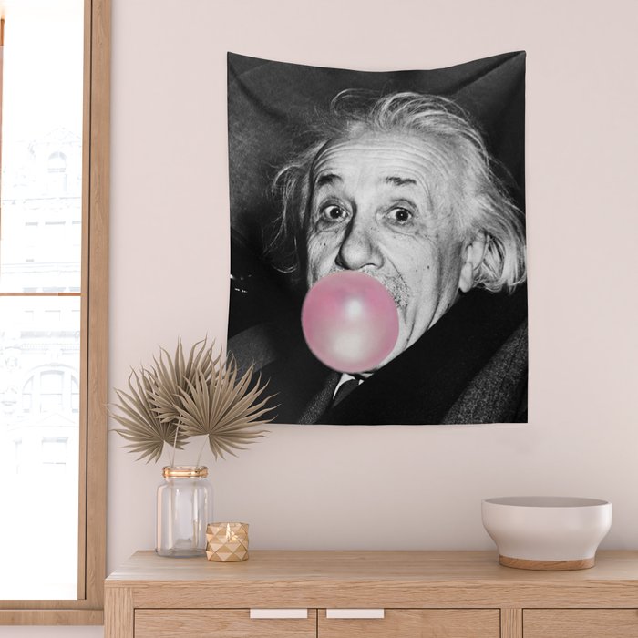 Satirical Bubble Gum Albert Einstein humour photography photograph blowing bubble gum bubble poster Wall Tapestry Gallery Image 2