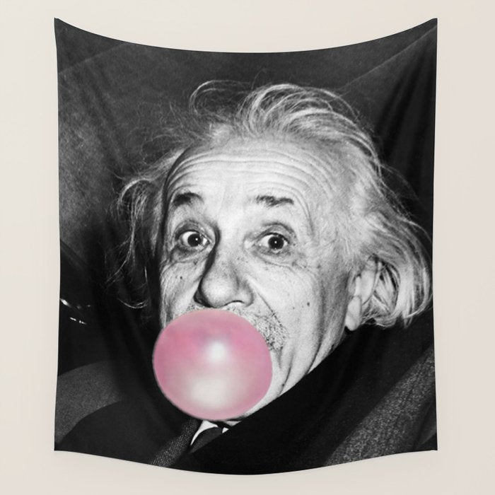 Satirical Bubble Gum Albert Einstein humour photography photograph blowing bubble gum bubble poster Wall Tapestry Gallery Image 1