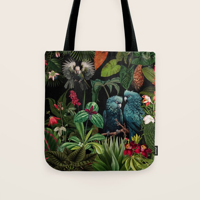 Midnight Vintage Exotic Flower And Birds Garden Jungle Tote Bag Gallery Image 1