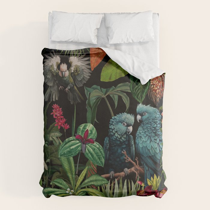 Midnight Vintage Exotic Flower And Birds Garden Jungle Duvet Cover Gallery Image 1