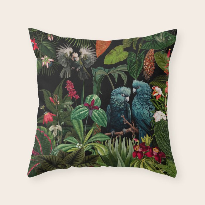 Midnight Vintage Exotic Flower And Birds Garden Jungle Throw Pillow Gallery Image 6