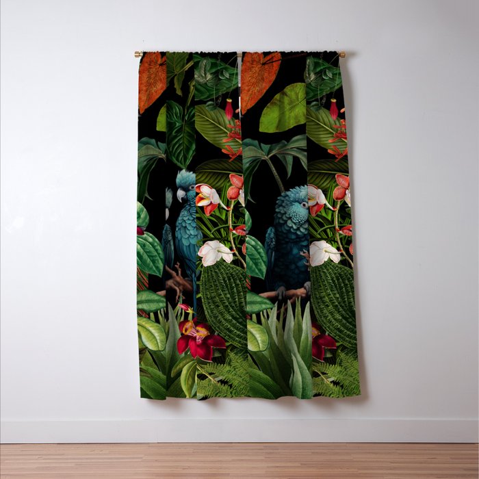 Midnight Vintage Exotic Flower And Birds Garden Jungle Window Curtain Gallery Image 3