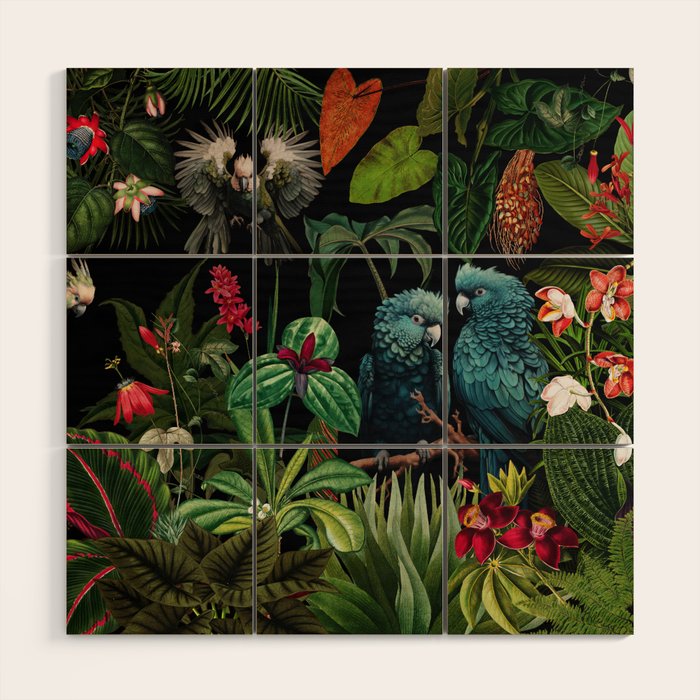 Midnight Vintage Exotic Flower And Birds Garden Jungle Wood Wall Art Gallery Image 1