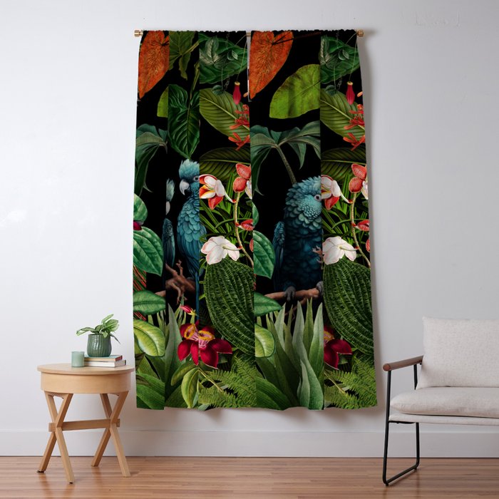 Midnight Vintage Exotic Flower And Birds Garden Jungle Window Curtain Gallery Image 5