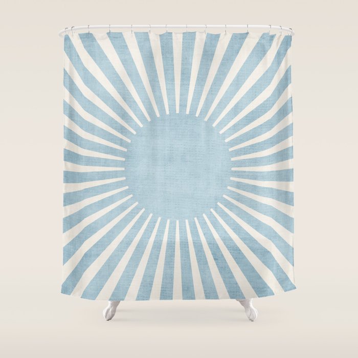 Minimalist Light Blue White Sunburst Shower Curtain Gallery Image 1