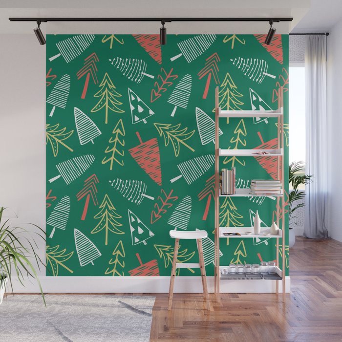 Christmas pine tree doodle pattern Wall Mural Gallery Image 1