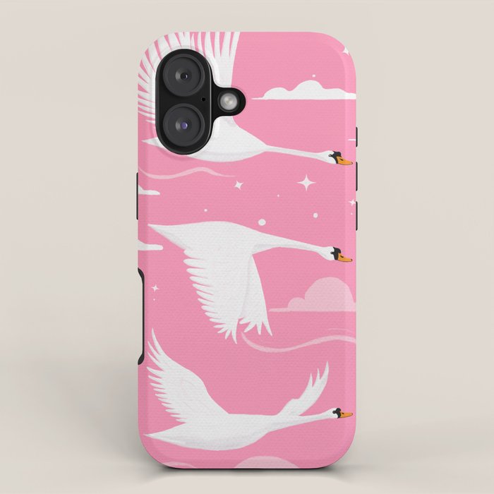 Flying Swans Illustration - Pink Sky with Clouds and Stars iPhone Case Gallery Image 1