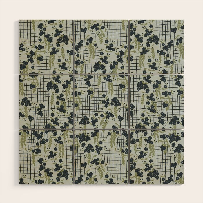 Blue floral with checks Wood Wall Art Gallery Image 1