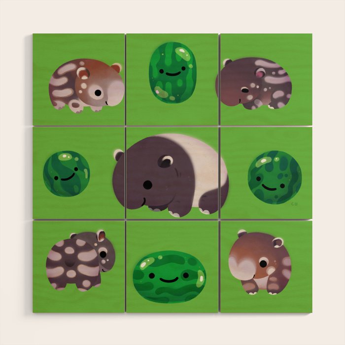 Tapir and baby watermelons Wood Wall Art Gallery Image 1