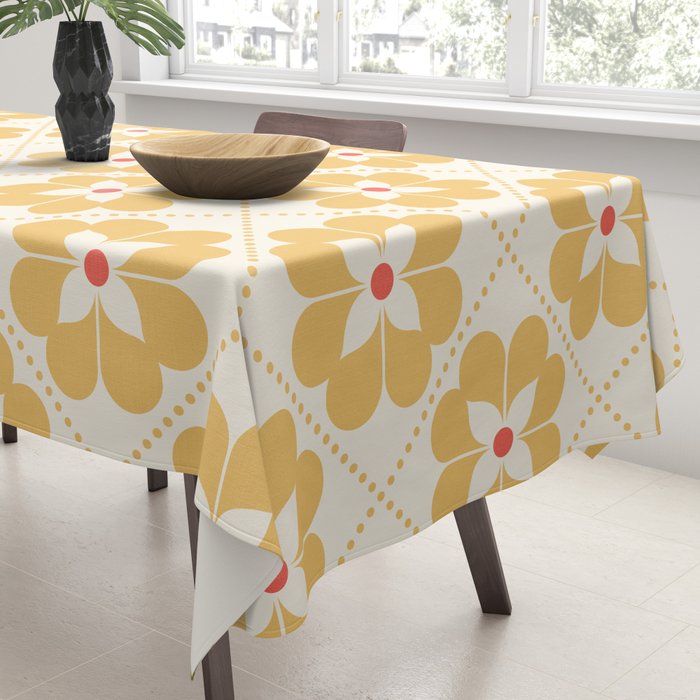Retro Floral Pattern in Yellow Tablecloth Gallery Image 3