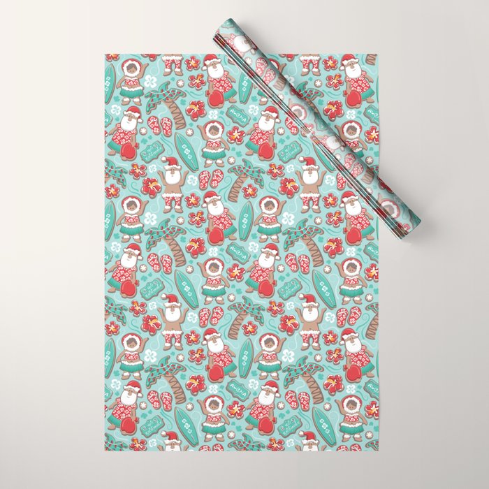 Mele Kalikimaka Hawaiian Christmas gingerbread cookies // aqua background Wrapping Paper Gallery Image 1