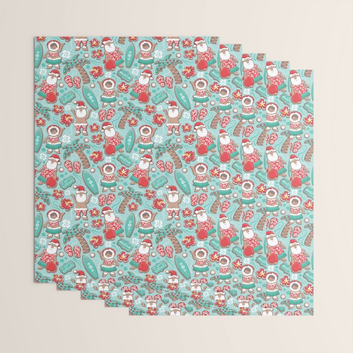 Mele Kalikimaka Hawaiian Christmas gingerbread cookies // aqua background Wrapping Paper Gallery Image 3