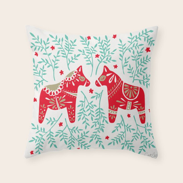 Swedish Dala Horses - Red & Mint Palette Throw Pillow Gallery Image 6