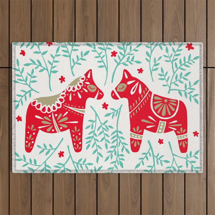 Swedish Dala Horses - Red & Mint Palette Outdoor Rug Gallery Image 1