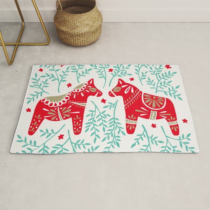 Swedish Dala Horses - Red & Mint Palette Rug Gallery Image 1