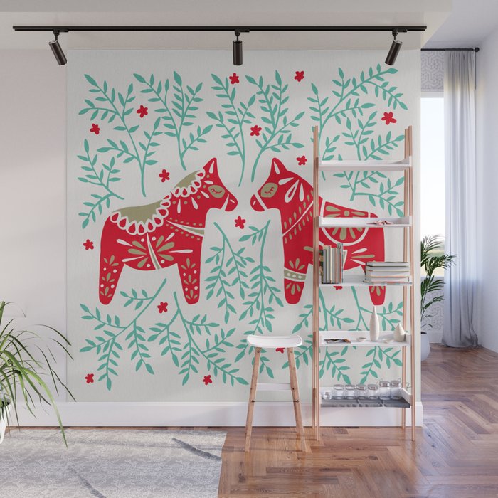 Swedish Dala Horses - Red & Mint Palette Wall Mural Gallery Image 1