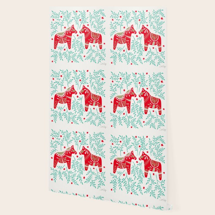 Swedish Dala Horses - Red & Mint Palette Wallpaper Gallery Image 2