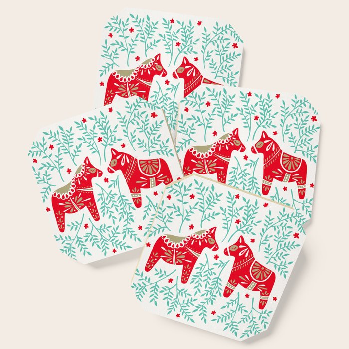 Swedish Dala Horses - Red & Mint Palette Coaster Gallery Image 1