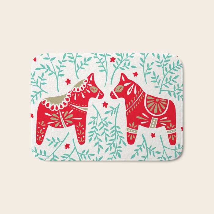 Swedish Dala Horses - Red & Mint Palette Bath Mat Gallery Image 1