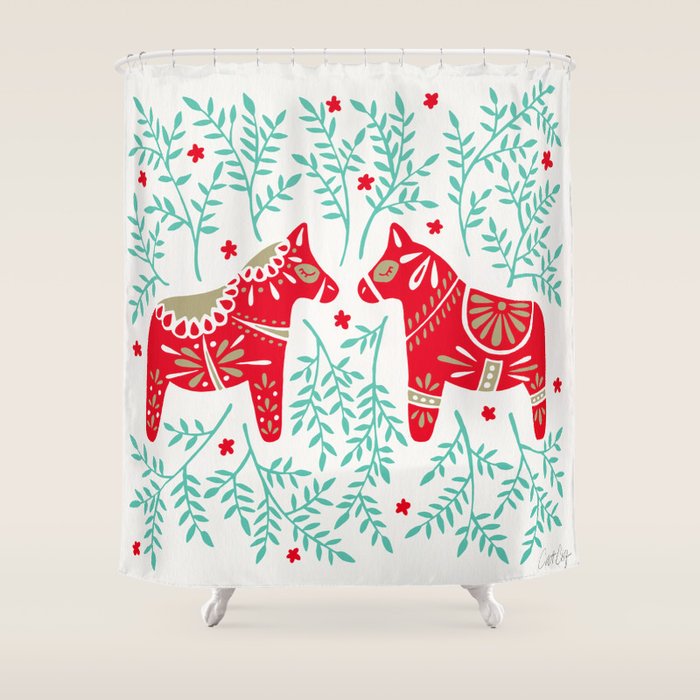 Swedish Dala Horses - Red & Mint Palette Shower Curtain Gallery Image 1