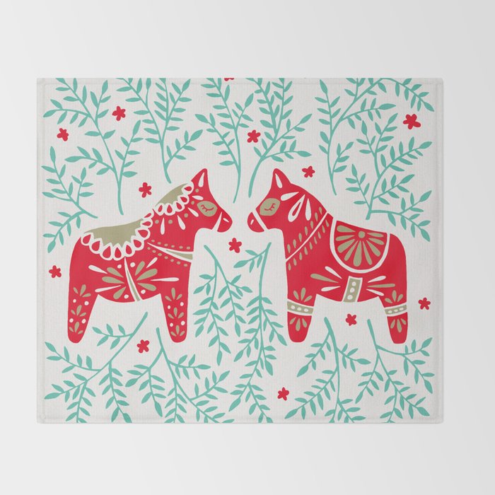 Swedish Dala Horses - Red & Mint Palette Throw Blanket Gallery Image 2