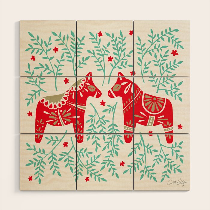 Swedish Dala Horses - Red & Mint Palette Wood Wall Art Gallery Image 1