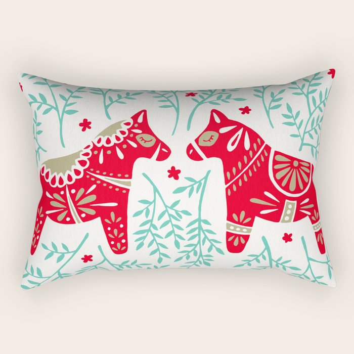 Swedish Dala Horses - Red & Mint Palette Rectangular Pillow Gallery Image 2
