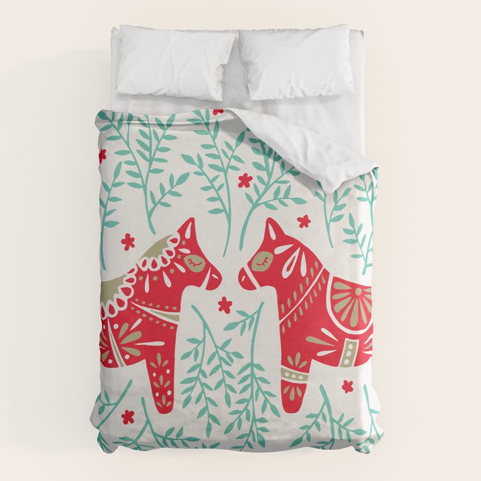 Swedish Dala Horses - Red & Mint Palette Duvet Cover Gallery Image 1