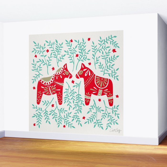 Swedish Dala Horses - Red & Mint Palette Wall Mural Gallery Image 2