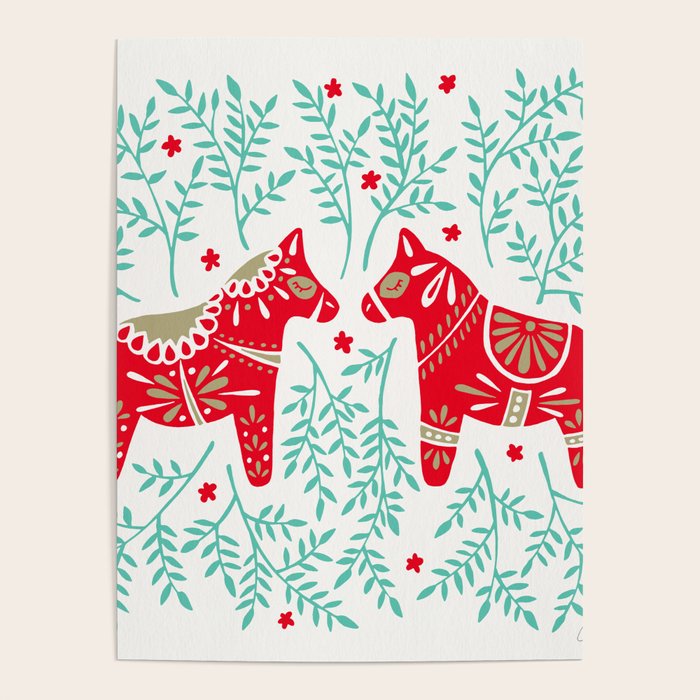 Swedish Dala Horses - Red & Mint Palette Poster Gallery Image 4