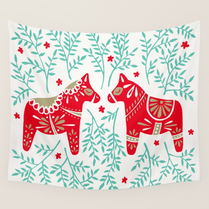 Swedish Dala Horses - Red & Mint Palette Wall Tapestry Gallery Image 1