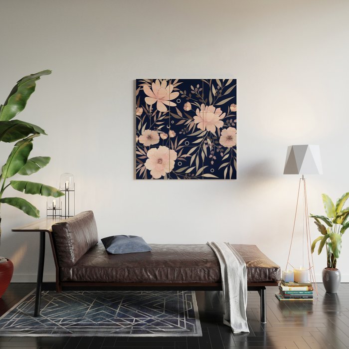 Modern, Boho, Floral Prints, Navy and Pink Wood Wall Art Gallery Image 2