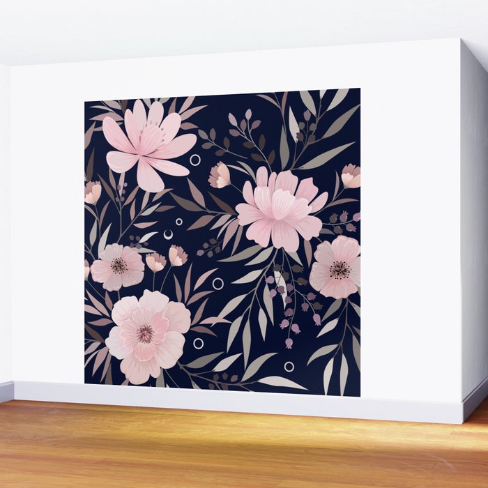Modern, Boho, Floral Prints, Navy and Pink Wall Mural Gallery Image 2