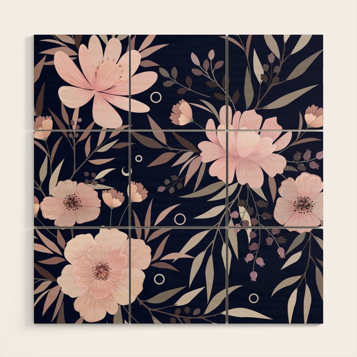 Modern, Boho, Floral Prints, Navy and Pink Wood Wall Art Gallery Image 1