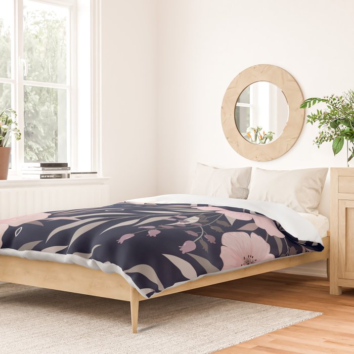 Modern, Boho, Floral Prints, Navy and Pink Duvet Cover Gallery Image 2