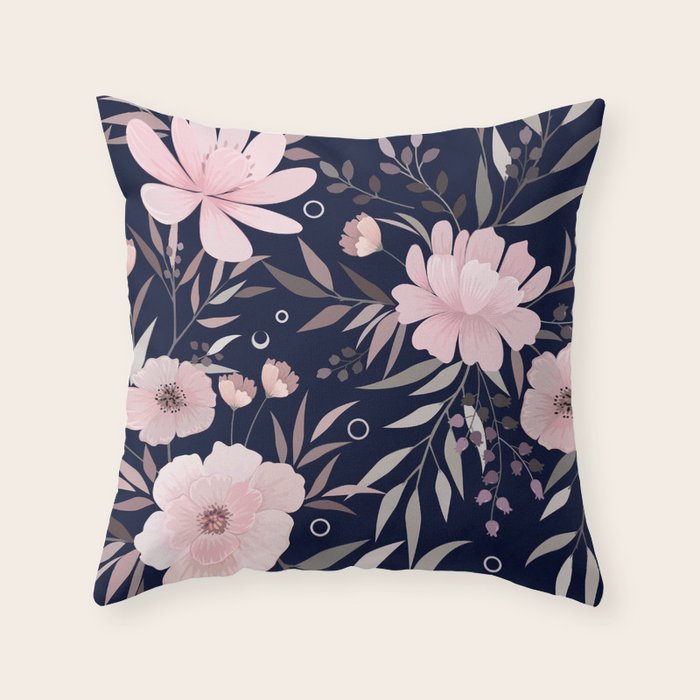 Modern, Boho, Floral Prints, Navy and Pink Throw Pillow Gallery Image 6
