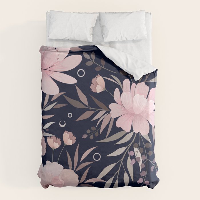 Modern, Boho, Floral Prints, Navy and Pink Duvet Cover Gallery Image 1
