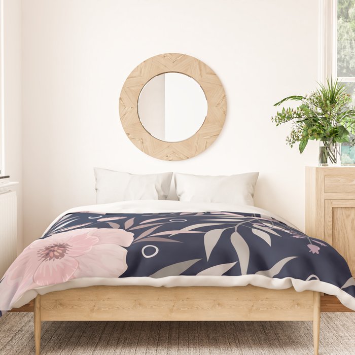 Modern, Boho, Floral Prints, Navy and Pink Duvet Cover Gallery Image 3