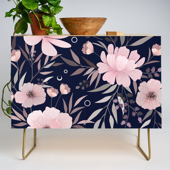 Modern, Boho, Floral Prints, Navy and Pink Credenza Gallery Image 1