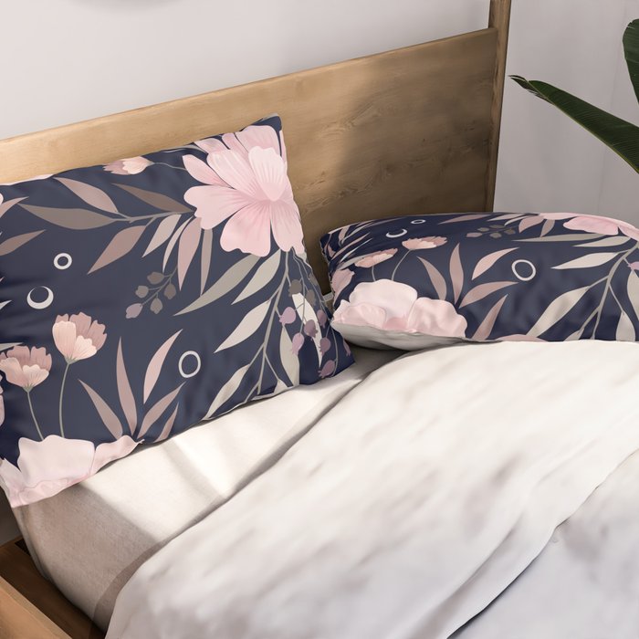 Modern, Boho, Floral Prints, Navy and Pink Pillow Sham Gallery Image 2