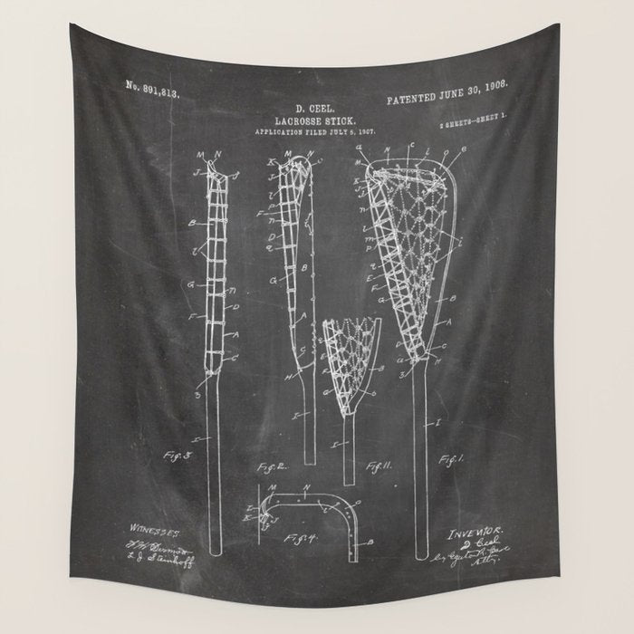 Lacrosse Stick Patent - Lacrosse Player Art - Black Chalkboard Wall Tapestry Gallery Image 4
