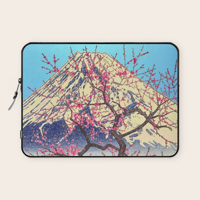 Growing before the Mountain-God - Summer Tree, Lake & Mountain Ukiyoe Nature Landscape in Blue & Pinkn Laptop Sleeve Gallery Image 1